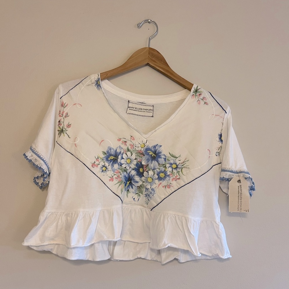 NWT Mary Ellen Dimauro Handmade Bohemian Floral White Shirt Women’s S